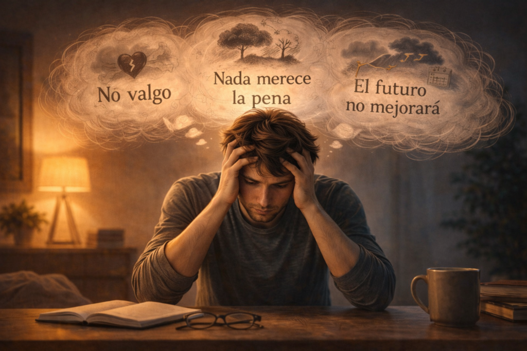 persona con pensamientos negativos y depresión